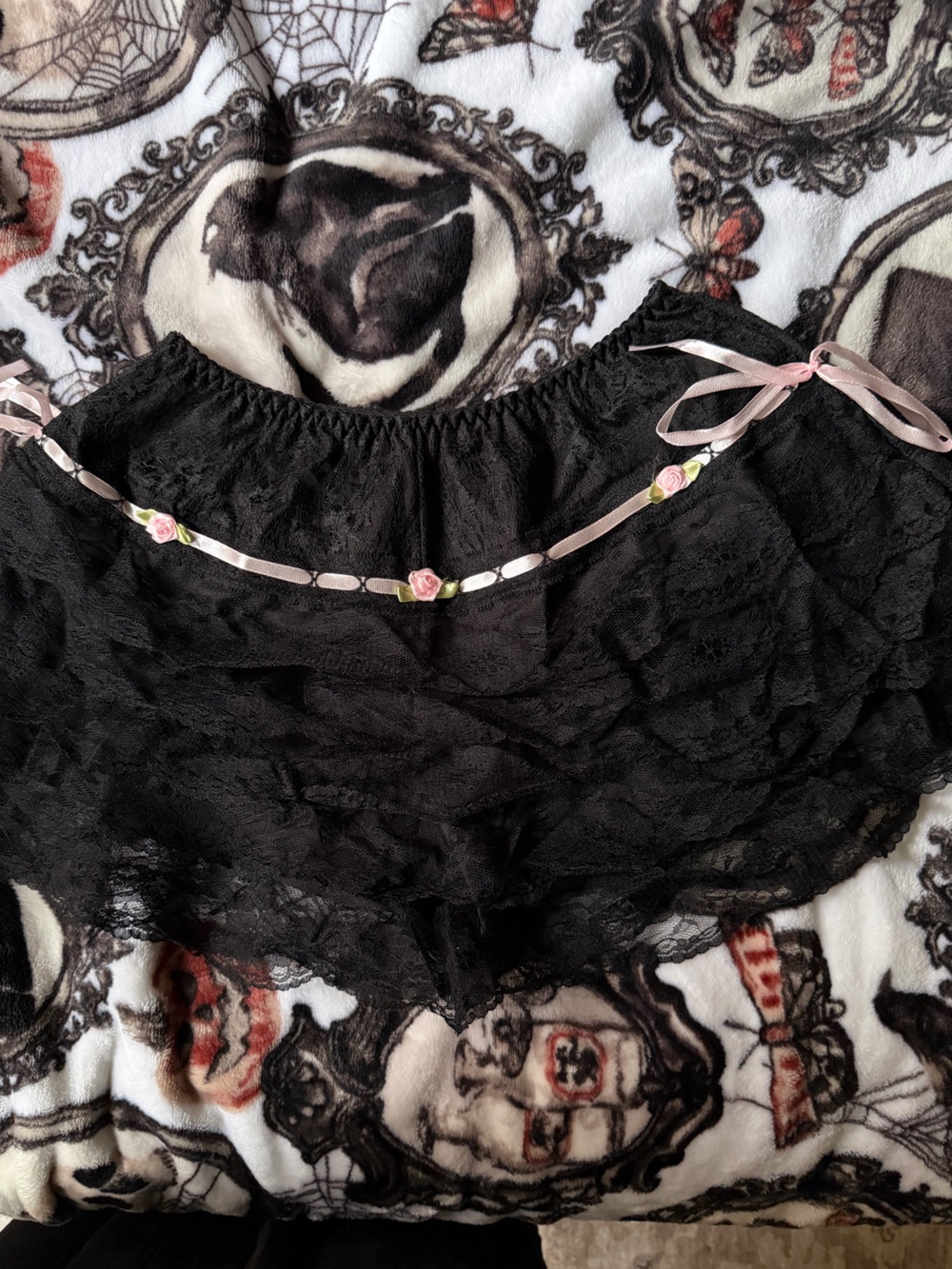Black Lace Women's Sleep Shorts with Pink Ribbon Detail